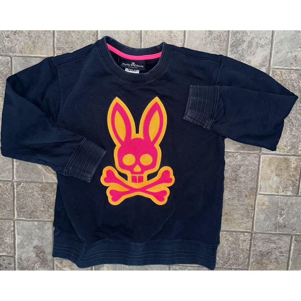 Psycho Bunny Navy Bailey Logo French Terry Pullover Sweatshirt Kids Large 14/16